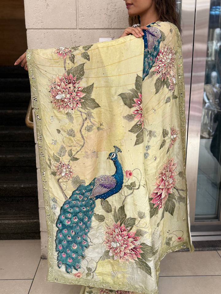 Luxury Embroidered Organza Silk Saree with Handwork Floral Detailing
