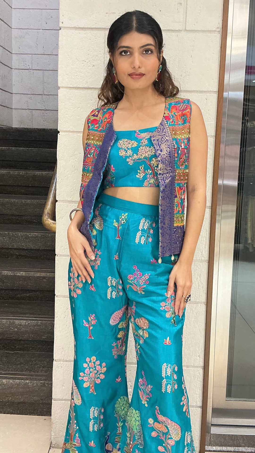 Teal Blue Floral Embroidered Designer Palazzo Set with Crop Top & Ethnic Jacket