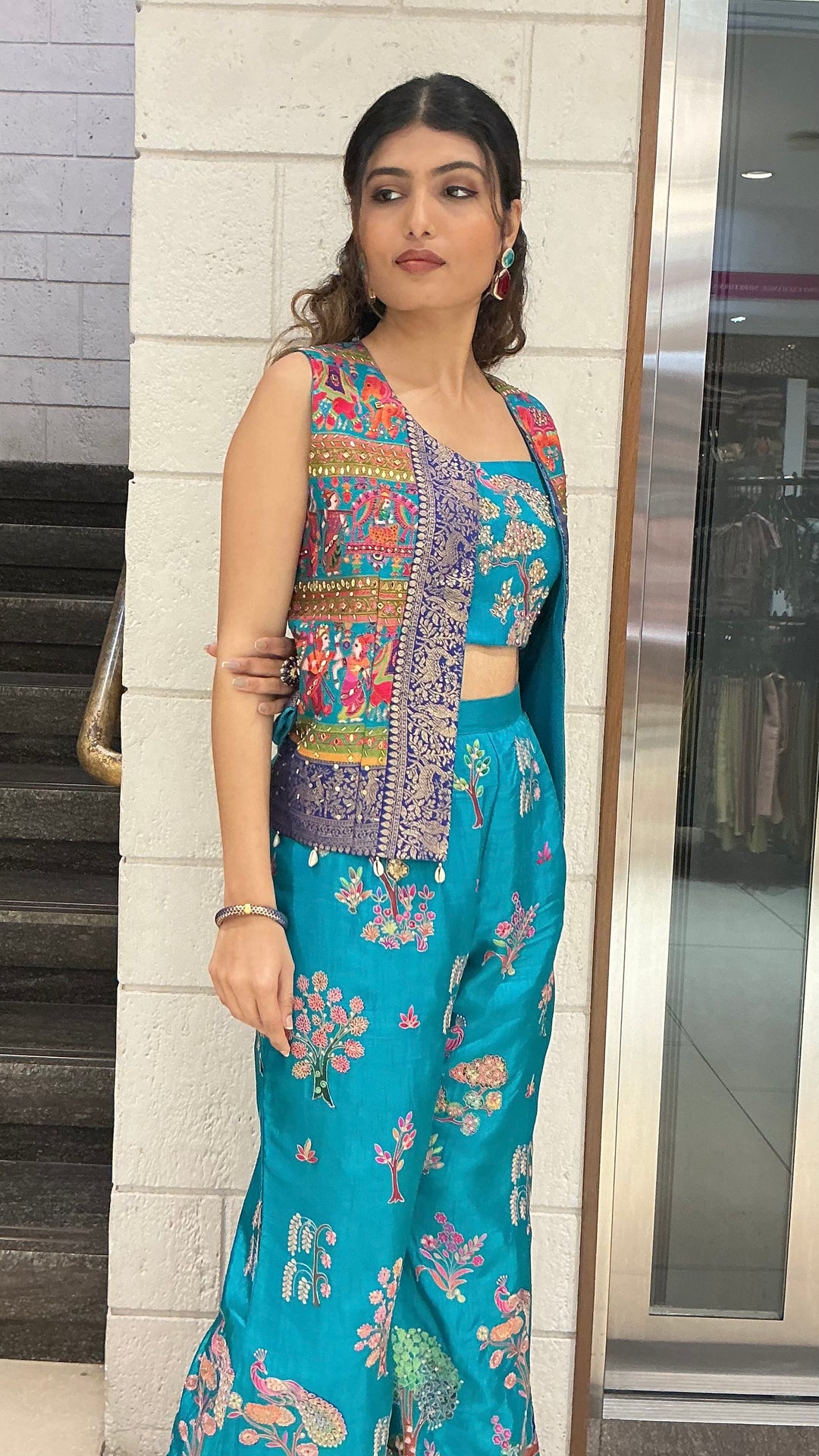 Teal Blue Floral Embroidered Designer Palazzo Set with Crop Top & Ethnic Jacket