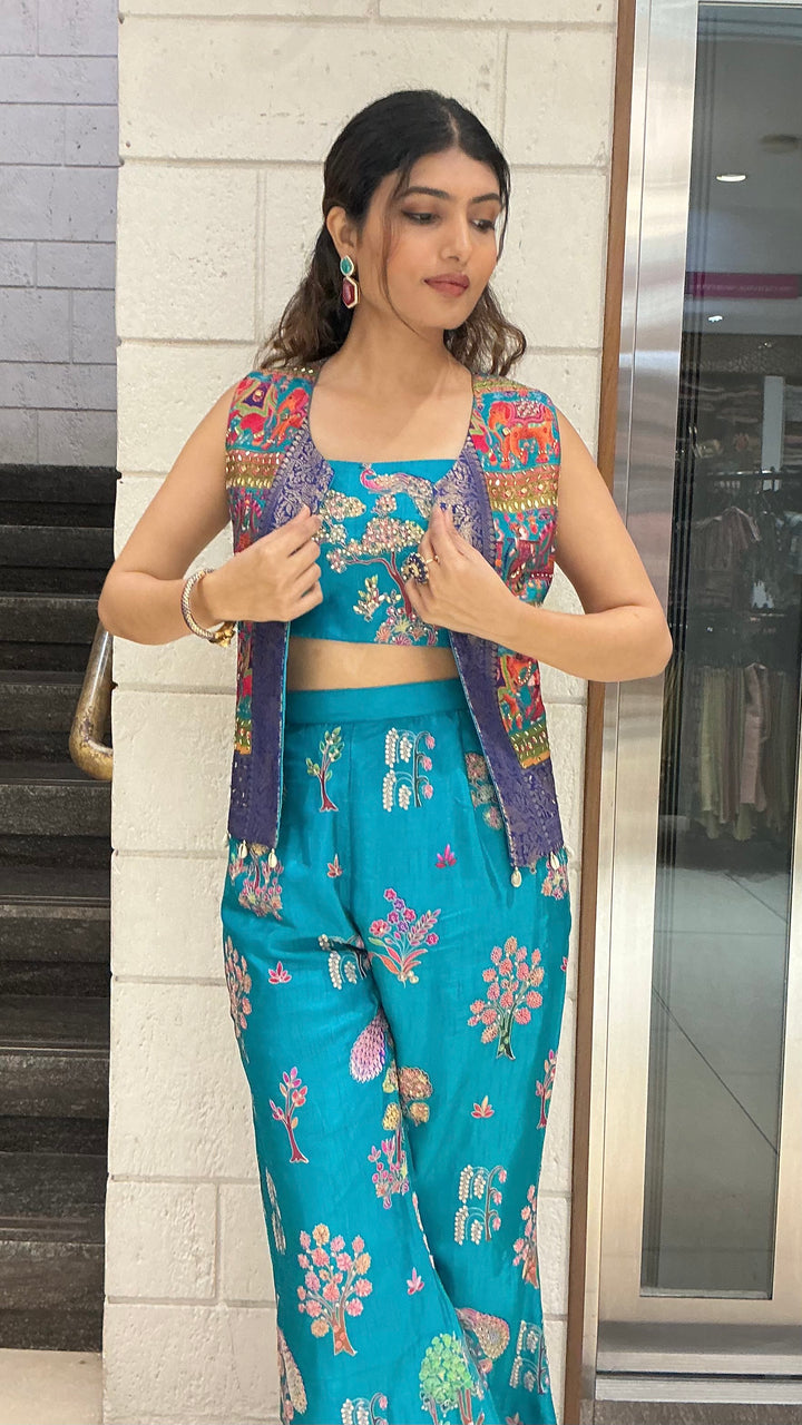 Teal Blue Floral Embroidered Designer Palazzo Set with Crop Top & Ethnic Jacket