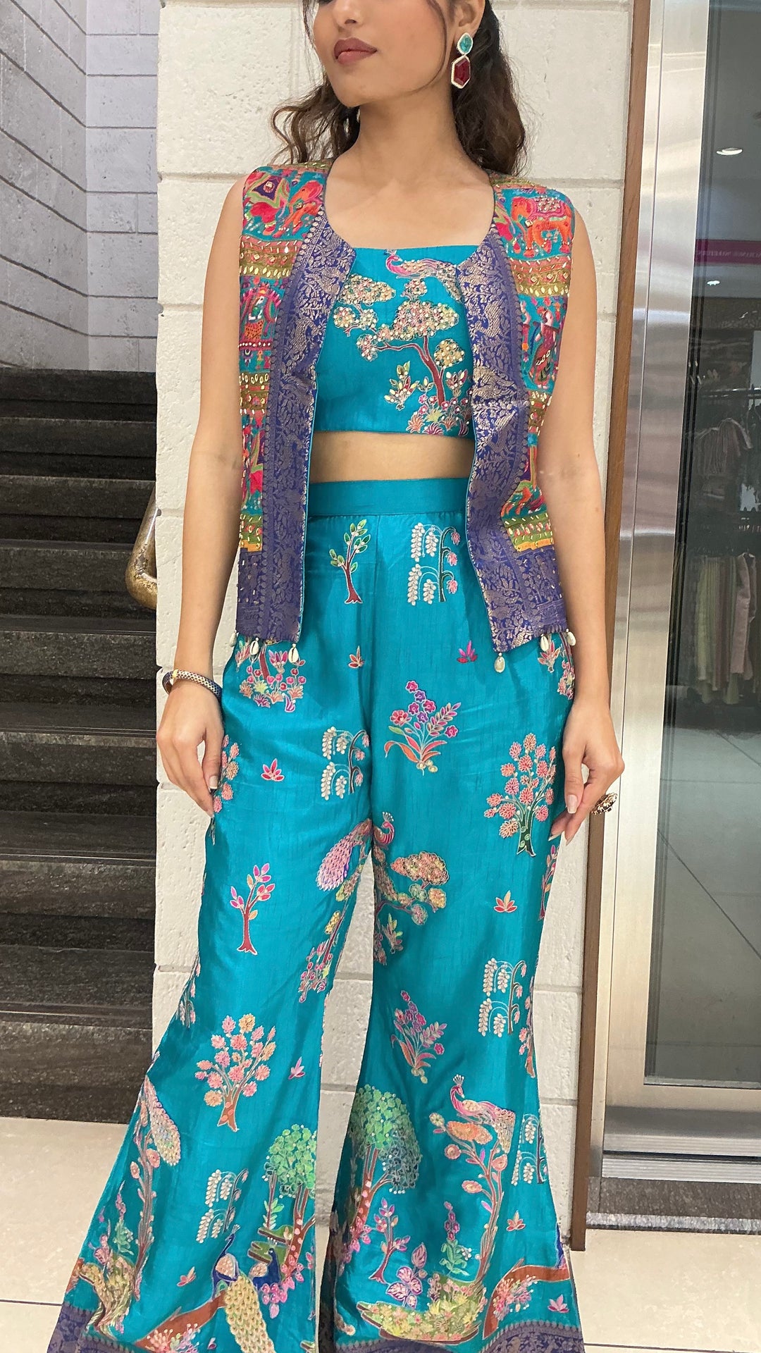 Teal Blue Floral Embroidered Designer Palazzo Set with Crop Top & Ethnic Jacket