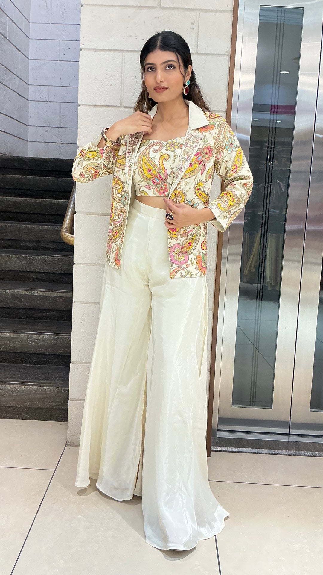 Ivory Paisley Printed Designer Palazzo Set with Crop Top & Statement Jacket