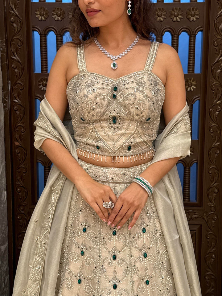 Luxury Ivory Embellished Lehenga Choli with Handcrafted Sequin, Stone & Cutdana Work