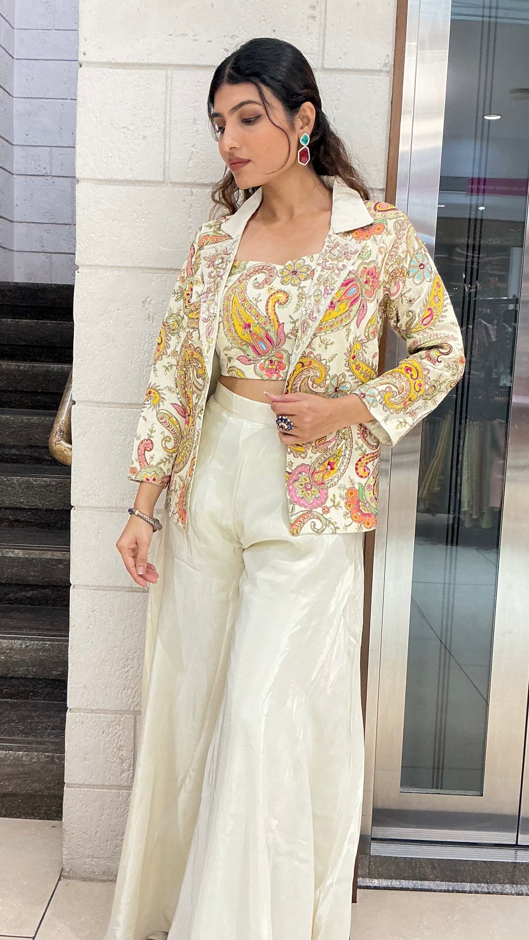 Ivory Paisley Printed Designer Palazzo Set with Crop Top & Statement Jacket