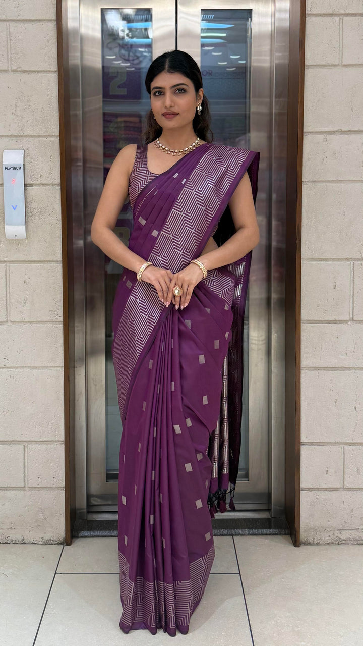 Luxury Soft Silk Saree with Geometric Zari Weaving & Matching Designer Blouse