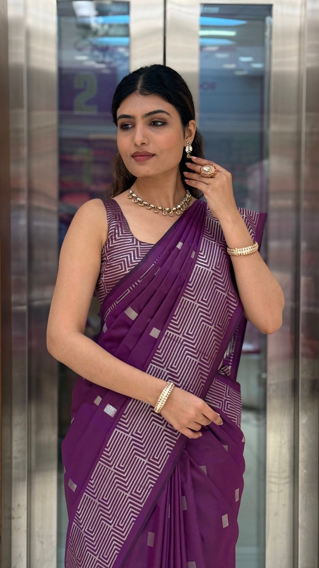 Luxury Soft Silk Saree with Geometric Zari Weaving & Matching Designer Blouse