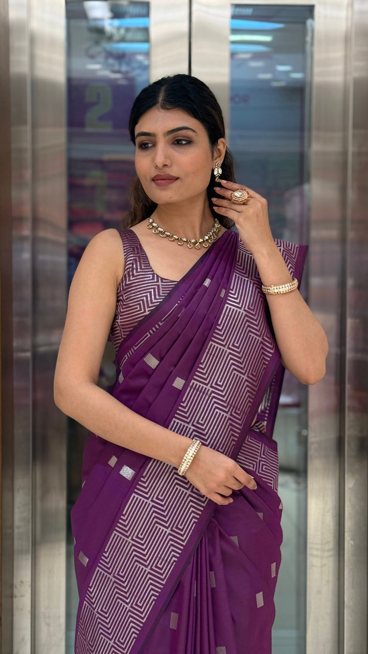 Luxury Soft Silk Saree with Geometric Zari Weaving & Matching Designer Blouse