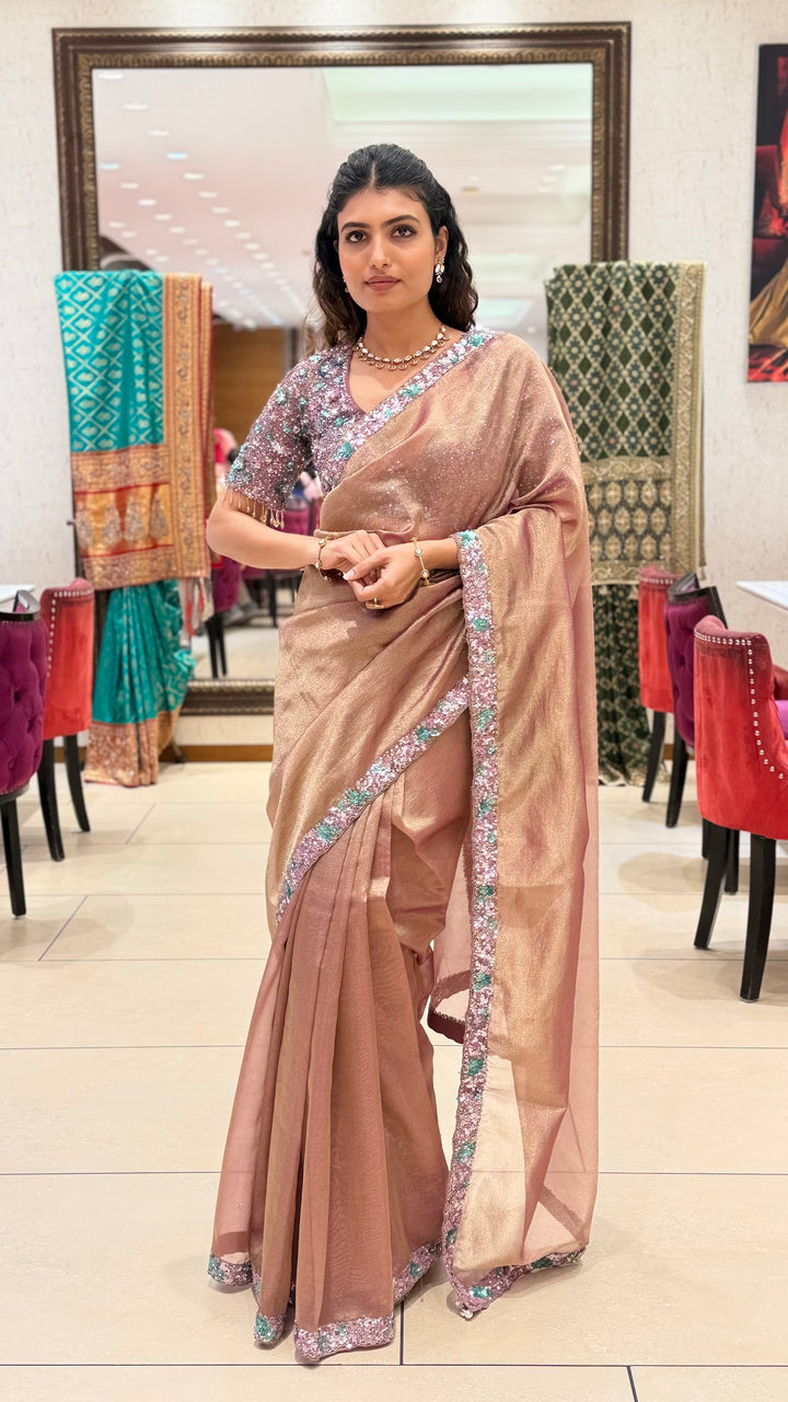 Rose Gold Shimmer Saree with Sequin Embroidered Border