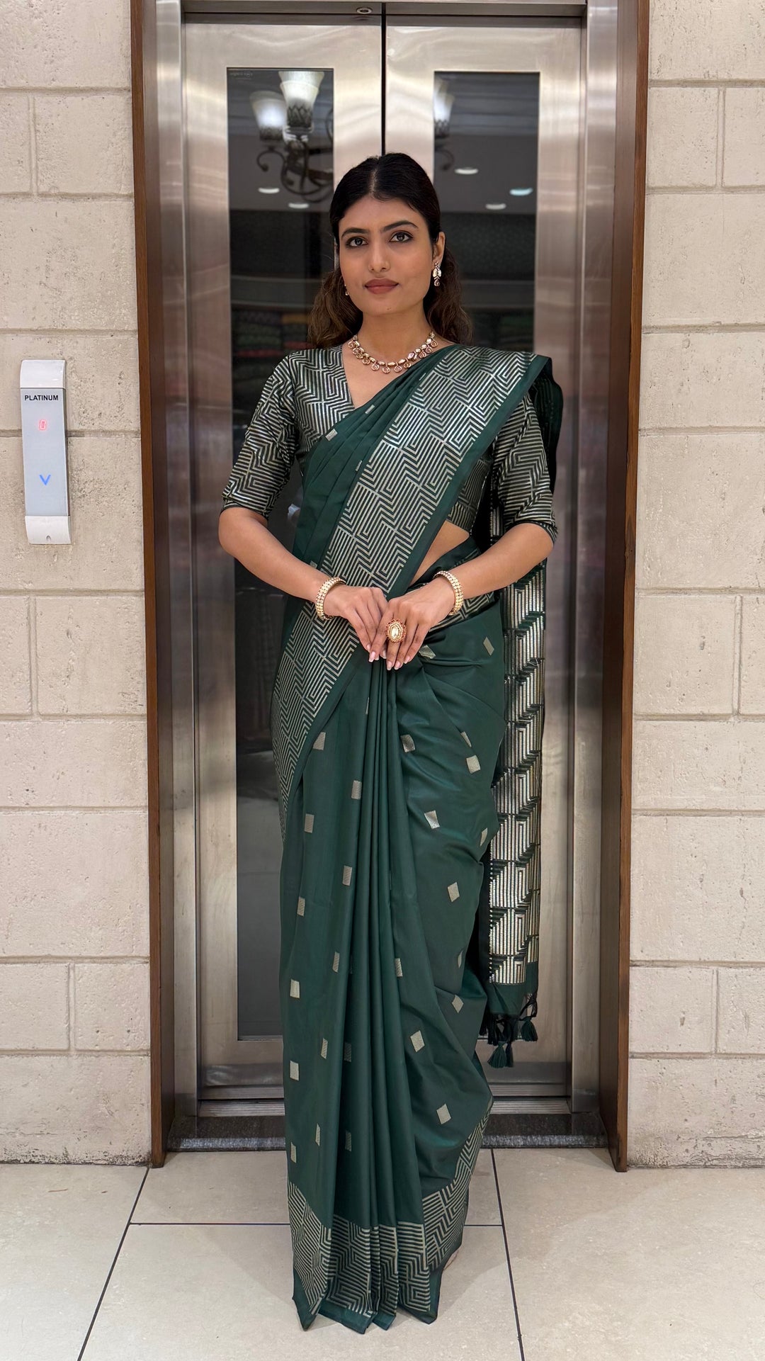 Luxury Soft Silk Saree with Geometric Zari Weaving & Matching Designer Blouse