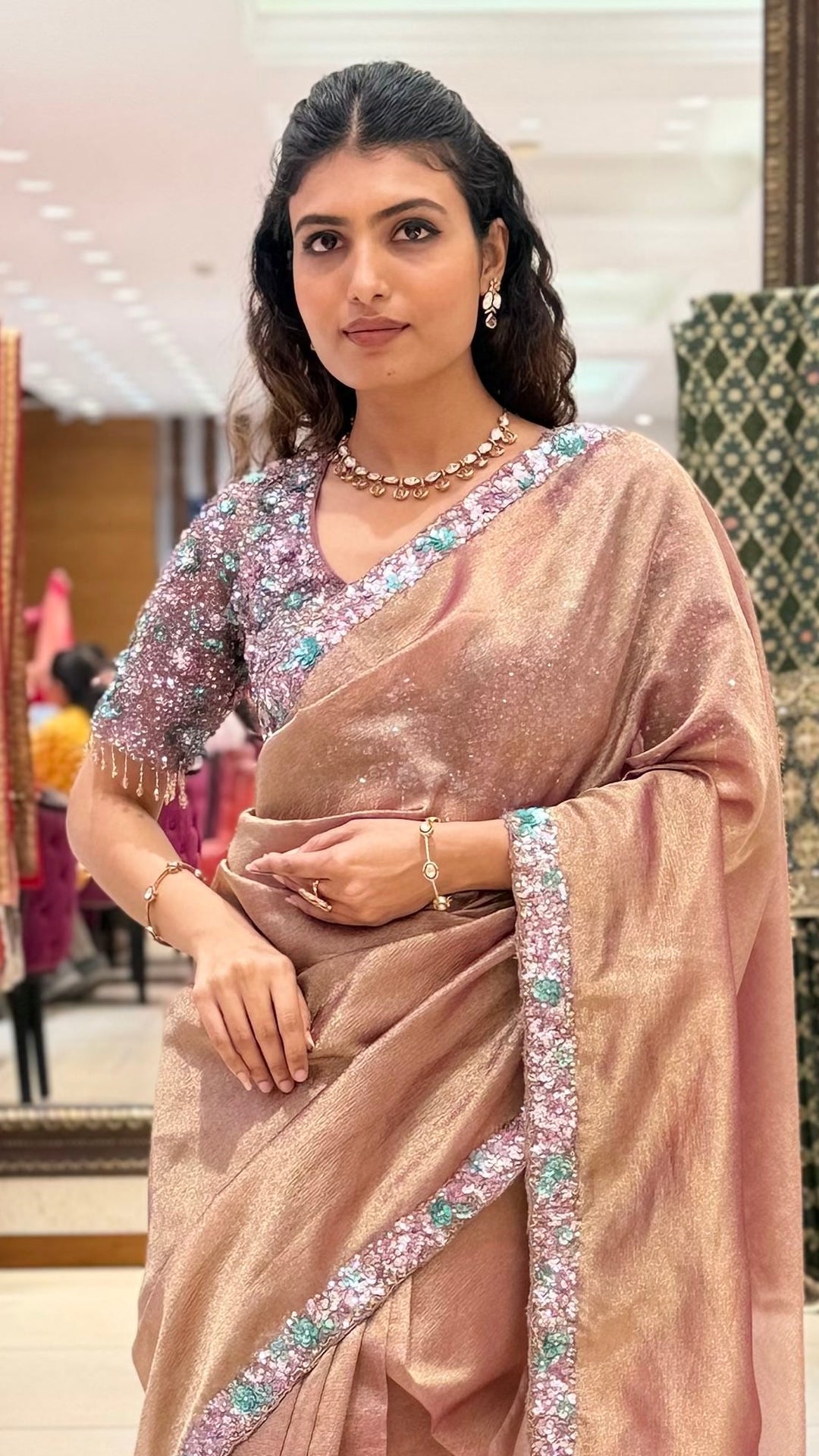 Rose Gold Shimmer Saree with Sequin Embroidered Border