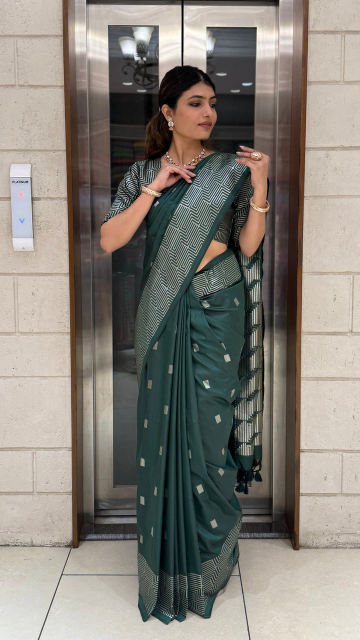 Luxury Soft Silk Saree with Geometric Zari Weaving & Matching Designer Blouse