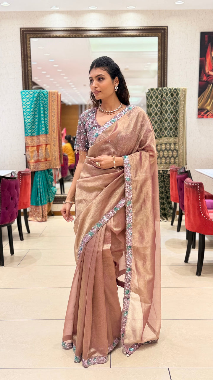 Rose Gold Shimmer Saree with Sequin Embroidered Border