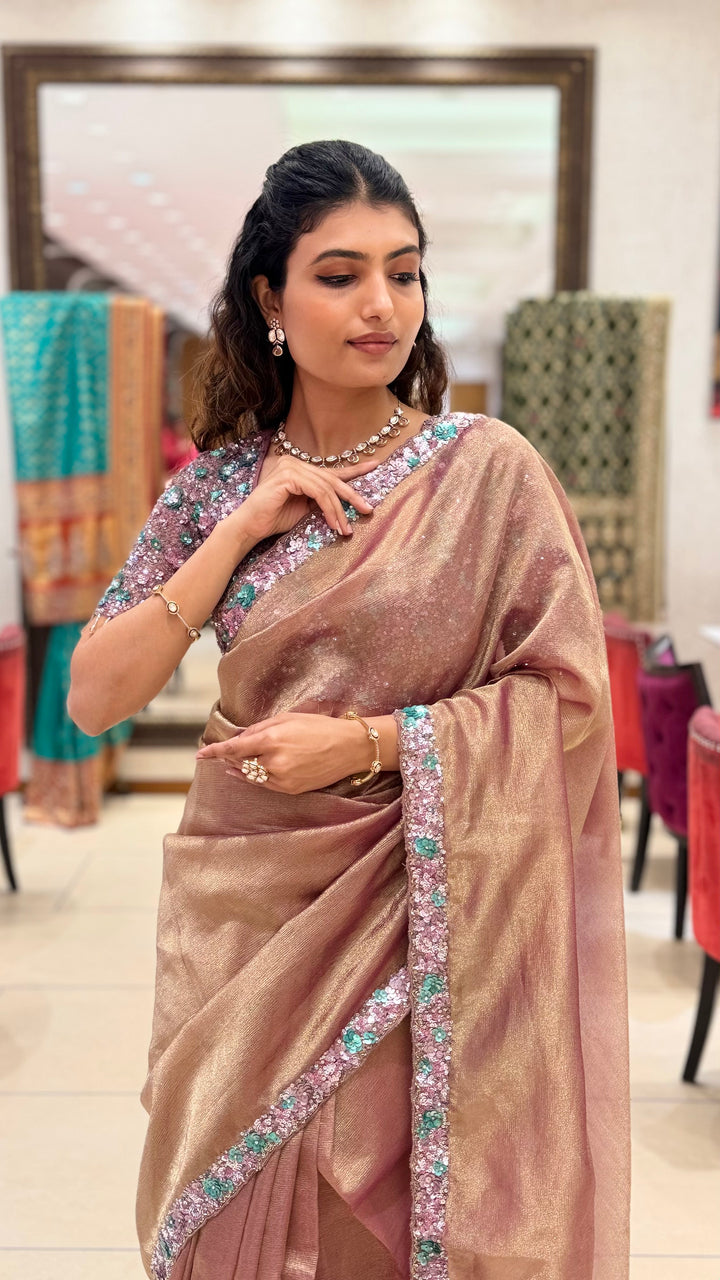 Rose Gold Shimmer Saree with Sequin Embroidered Border