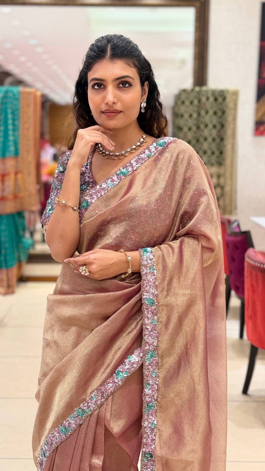 Rose Gold Shimmer Saree with Sequin Embroidered Border