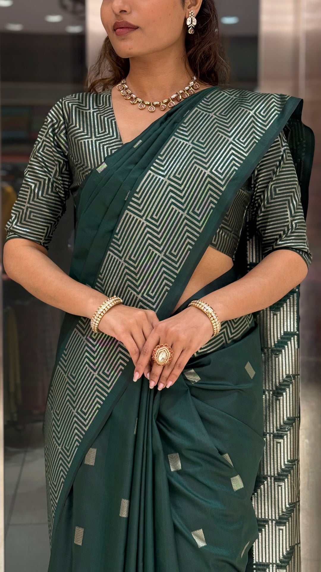 Luxury Soft Silk Saree with Geometric Zari Weaving & Matching Designer Blouse