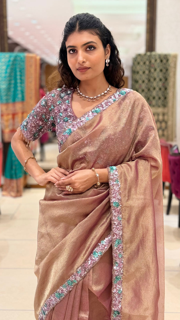 Rose Gold Shimmer Saree with Sequin Embroidered Border
