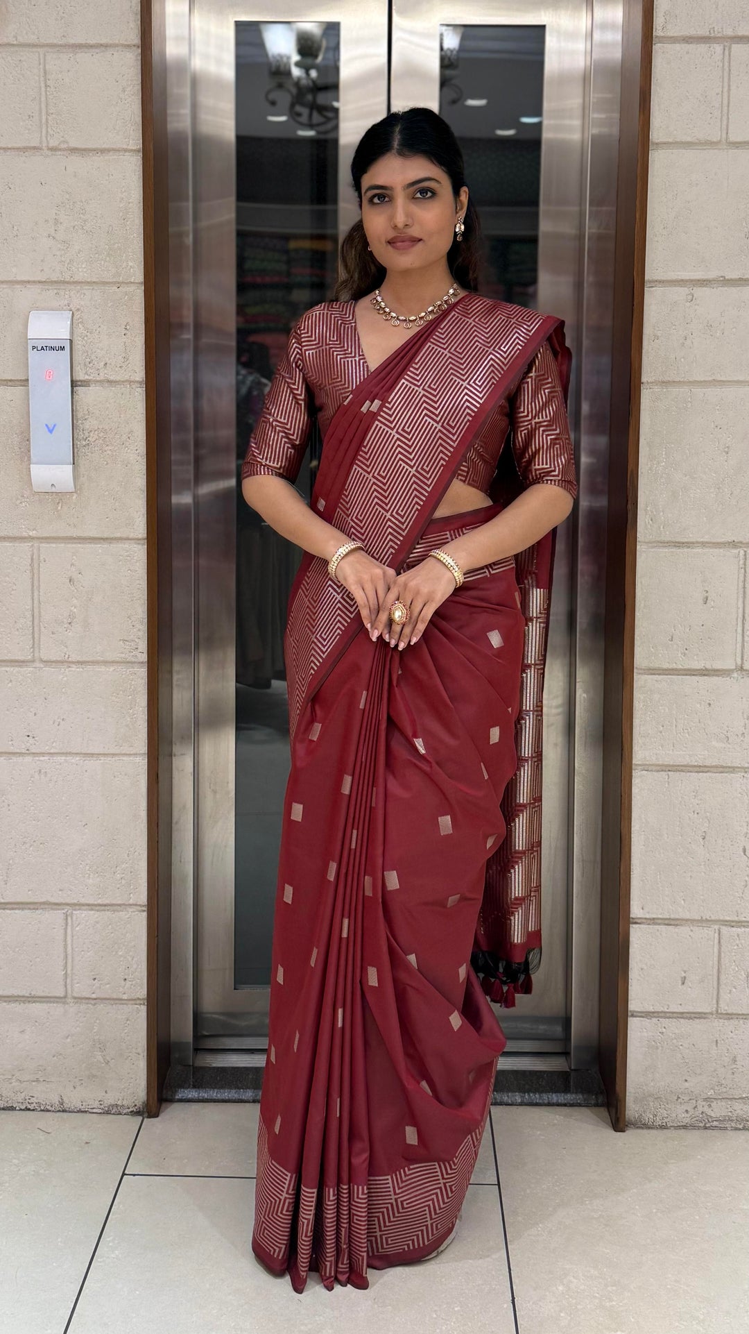 Luxury Soft Silk Saree with Geometric Zari Weaving & Matching Designer Blouse