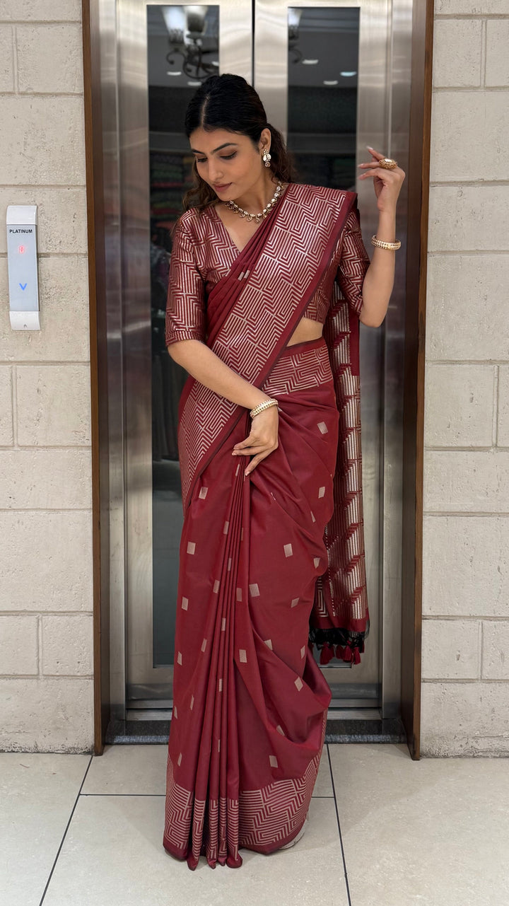 Luxury Soft Silk Saree with Geometric Zari Weaving & Matching Designer Blouse