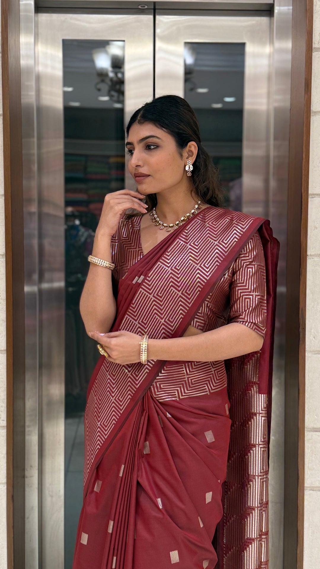 Luxury Soft Silk Saree with Geometric Zari Weaving & Matching Designer Blouse