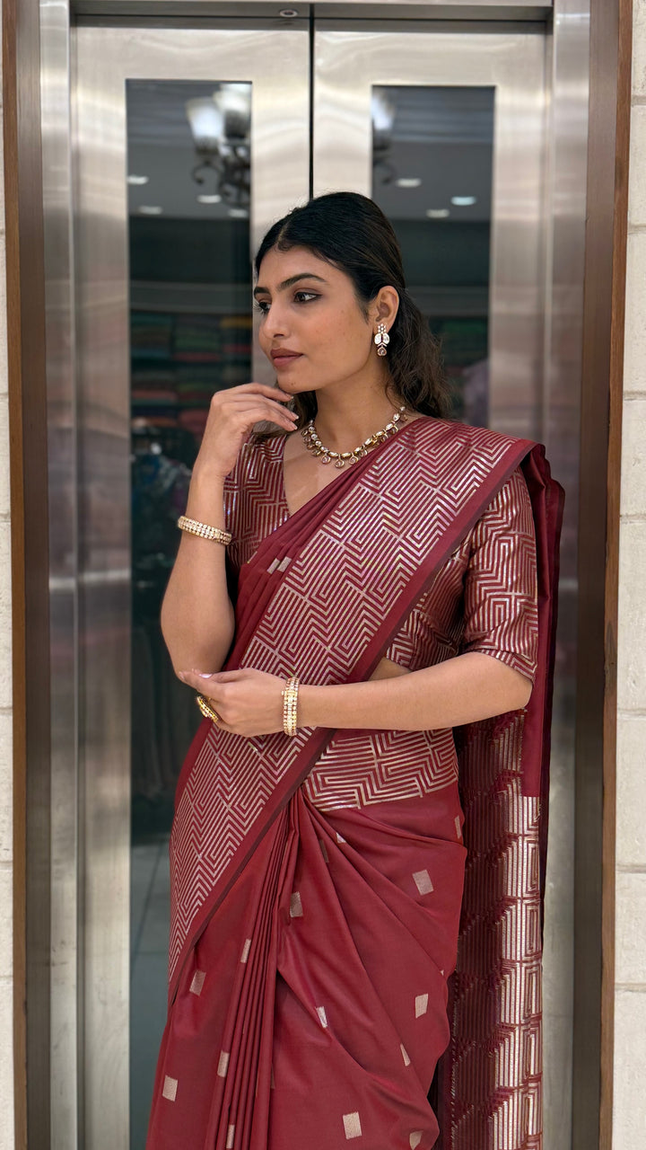 Luxury Soft Silk Saree with Geometric Zari Weaving & Matching Designer Blouse