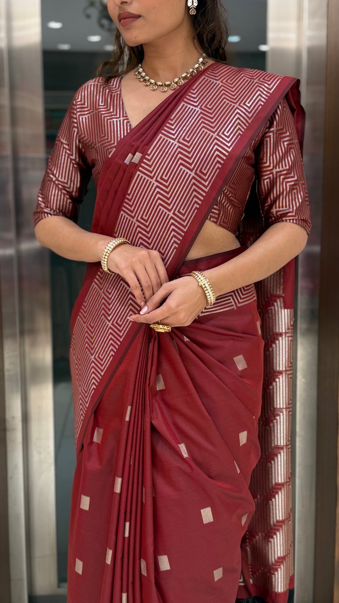 Luxury Soft Silk Saree with Geometric Zari Weaving & Matching Designer Blouse