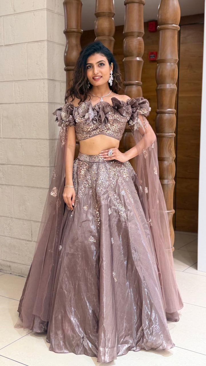Mauve Shimmer Lehenga Set with Floral Ruffle Blouse & Cape Dupatta