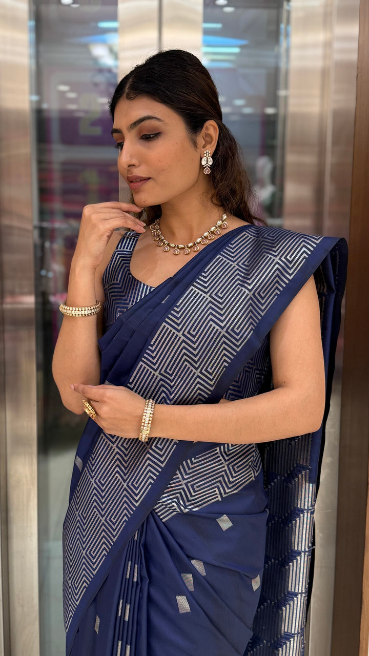 Luxury Soft Silk Saree with Geometric Zari Weaving & Matching Designer Blouse