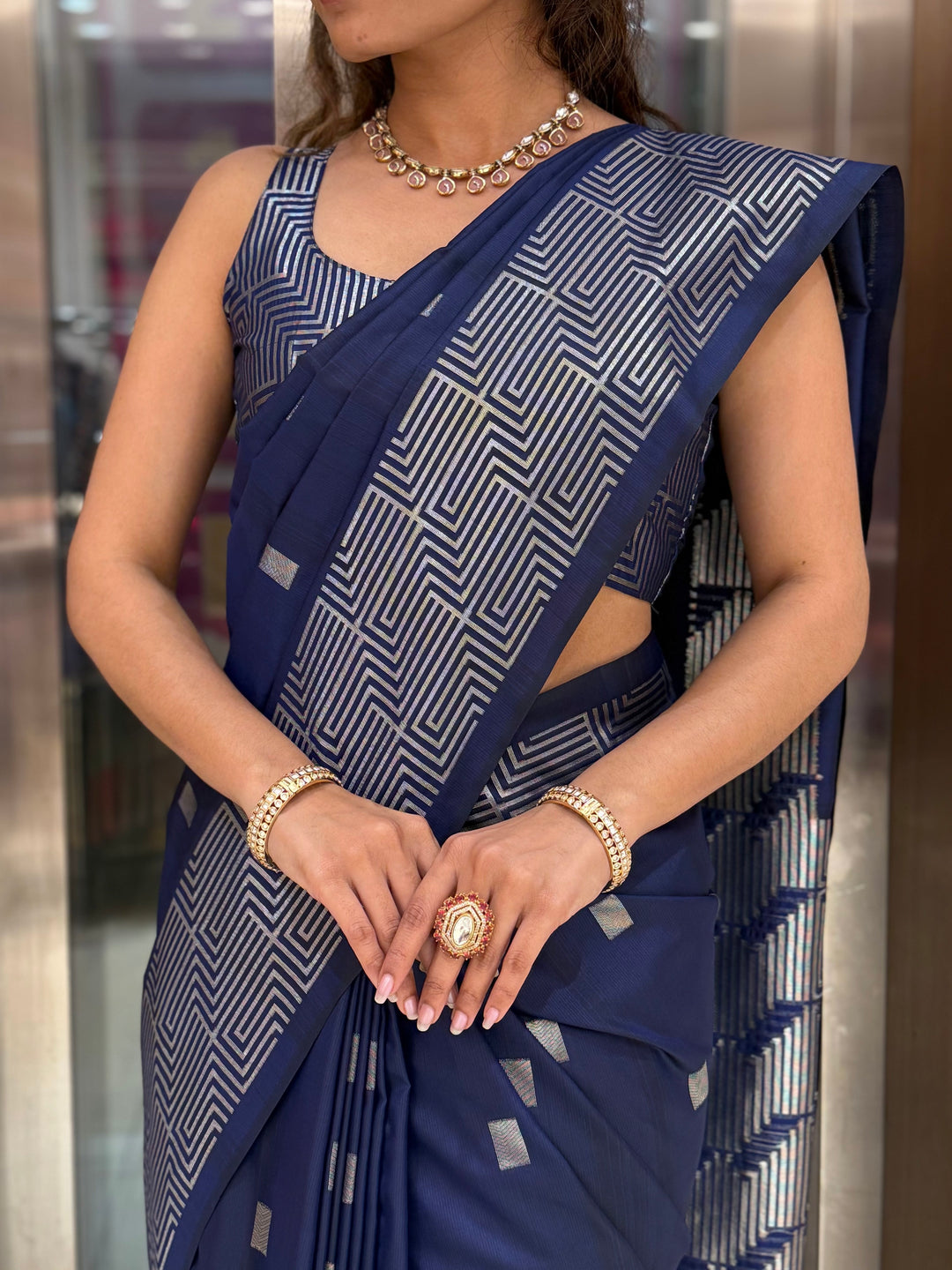 Luxury Soft Silk Saree with Geometric Zari Weaving & Matching Designer Blouse