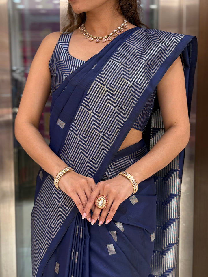 Luxury Soft Silk Saree with Geometric Zari Weaving & Matching Designer Blouse