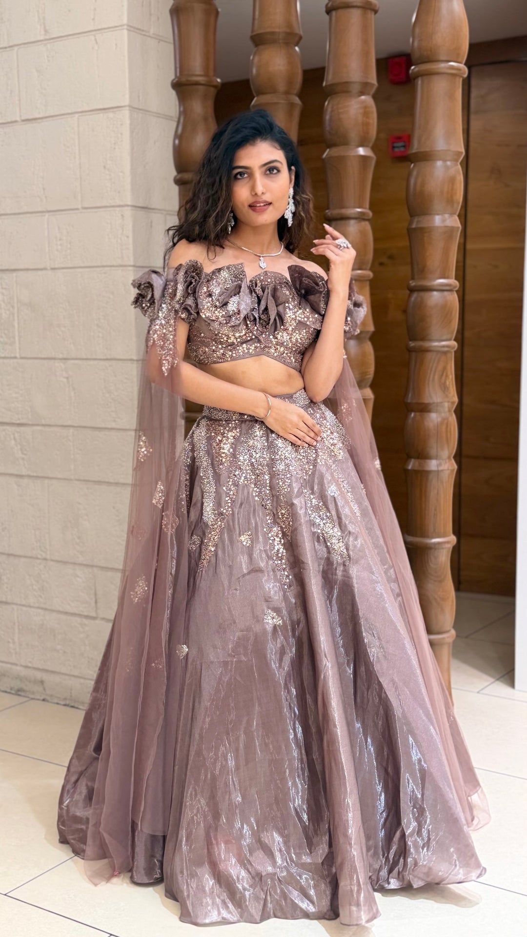 Mauve Shimmer Lehenga Set with Floral Ruffle Blouse & Cape Dupatta