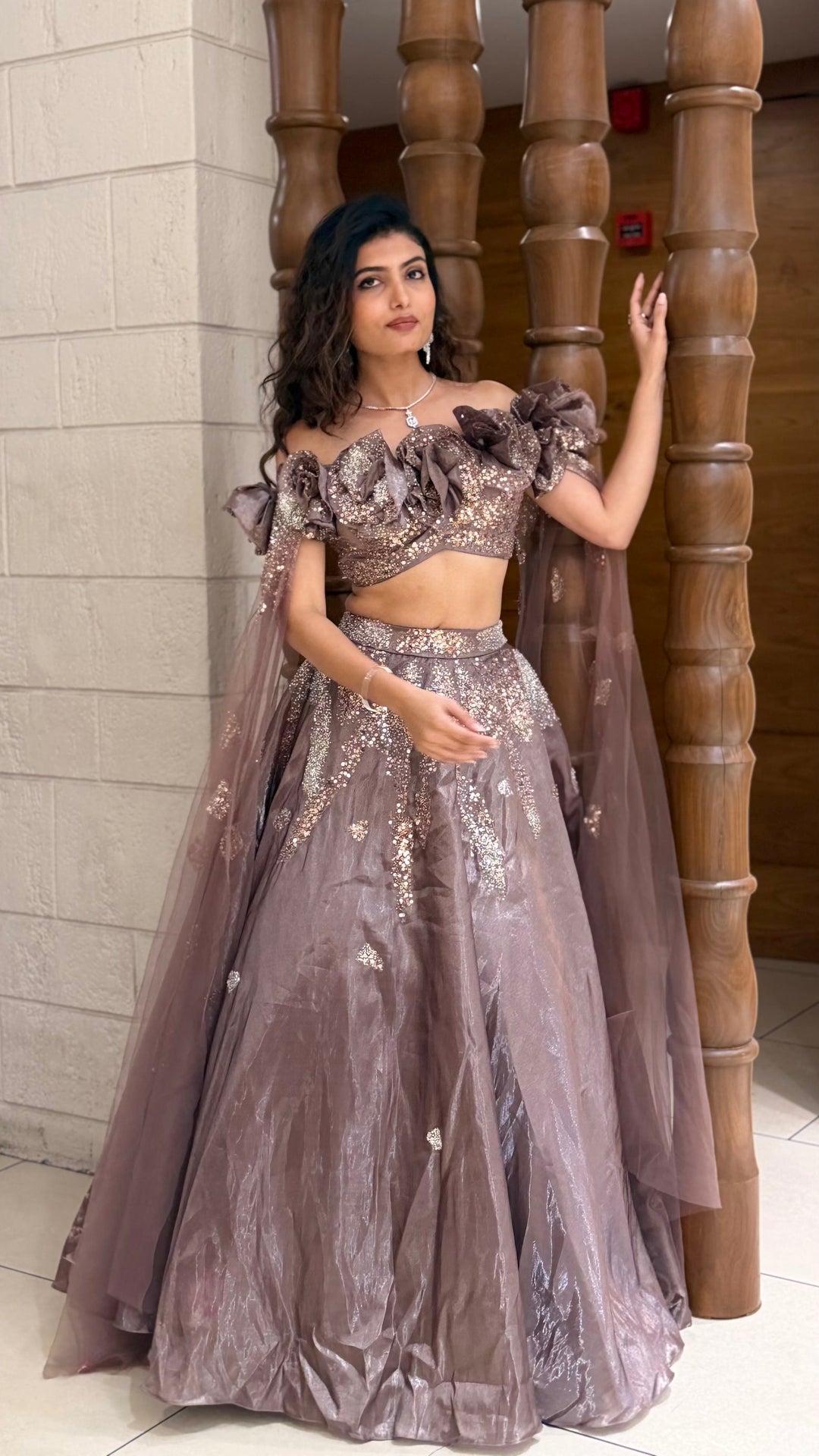 Mauve Shimmer Lehenga Set with Floral Ruffle Blouse & Cape Dupatta