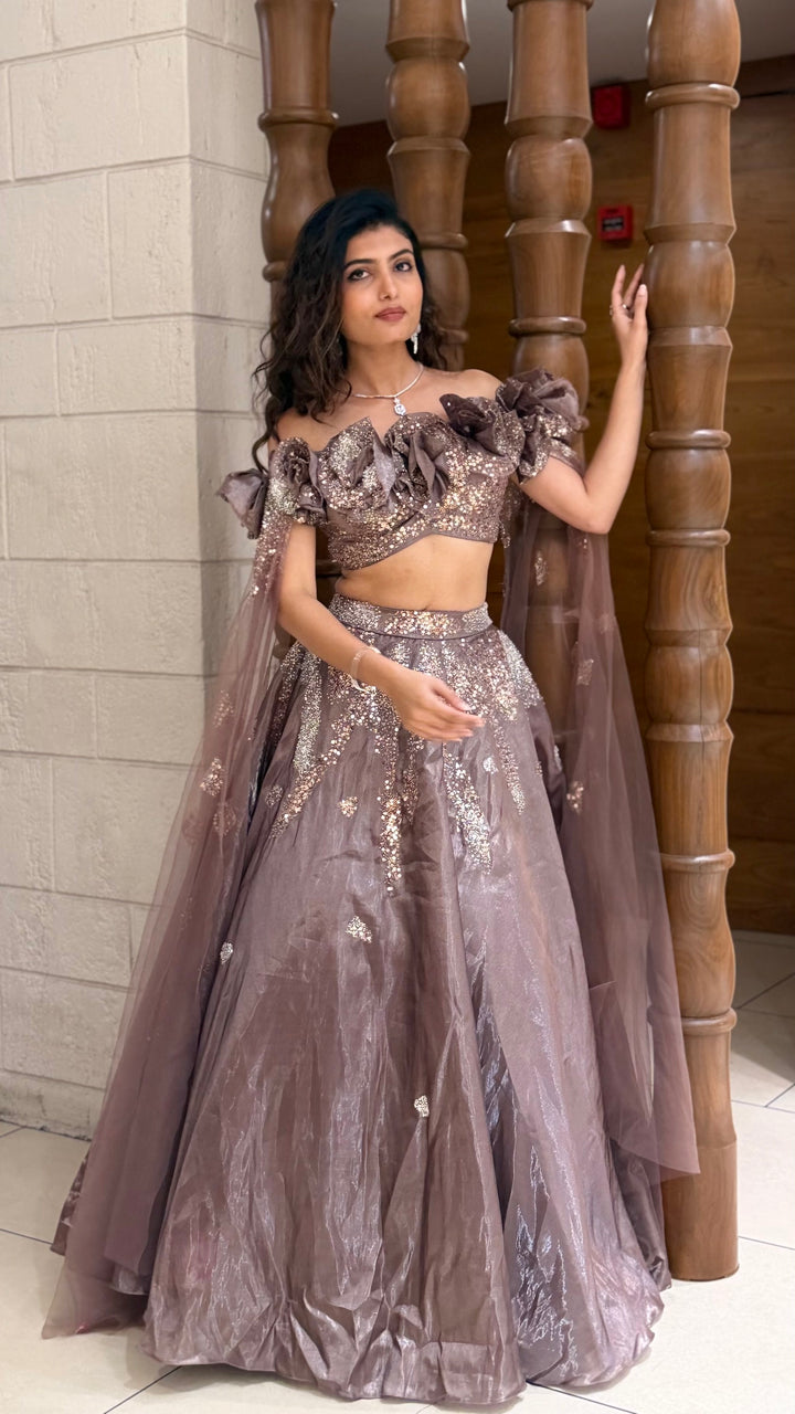 Mauve Shimmer Lehenga Set with Floral Ruffle Blouse & Cape Dupatta