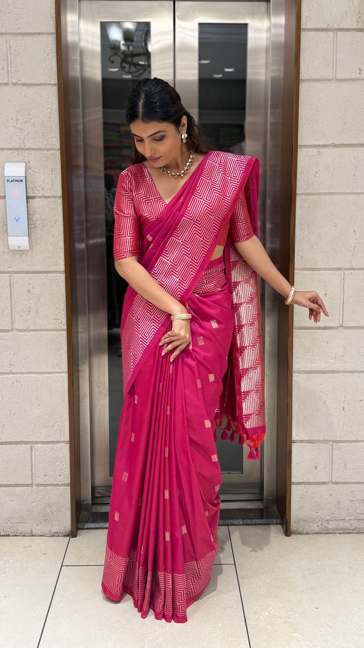 Luxury Soft Silk Saree with Geometric Zari Weaving & Matching Designer Blouse