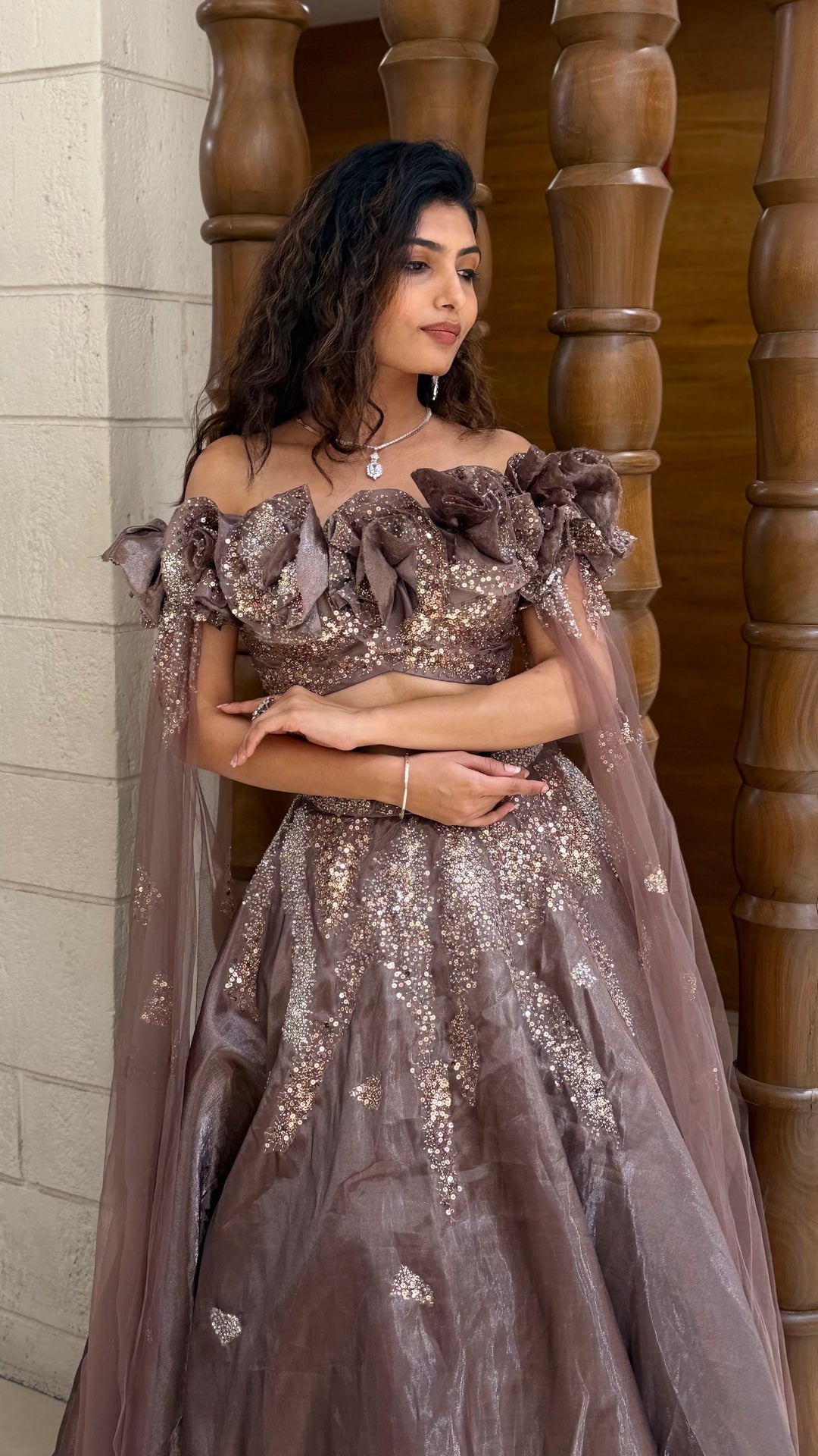 Mauve Shimmer Lehenga Set with Floral Ruffle Blouse & Cape Dupatta