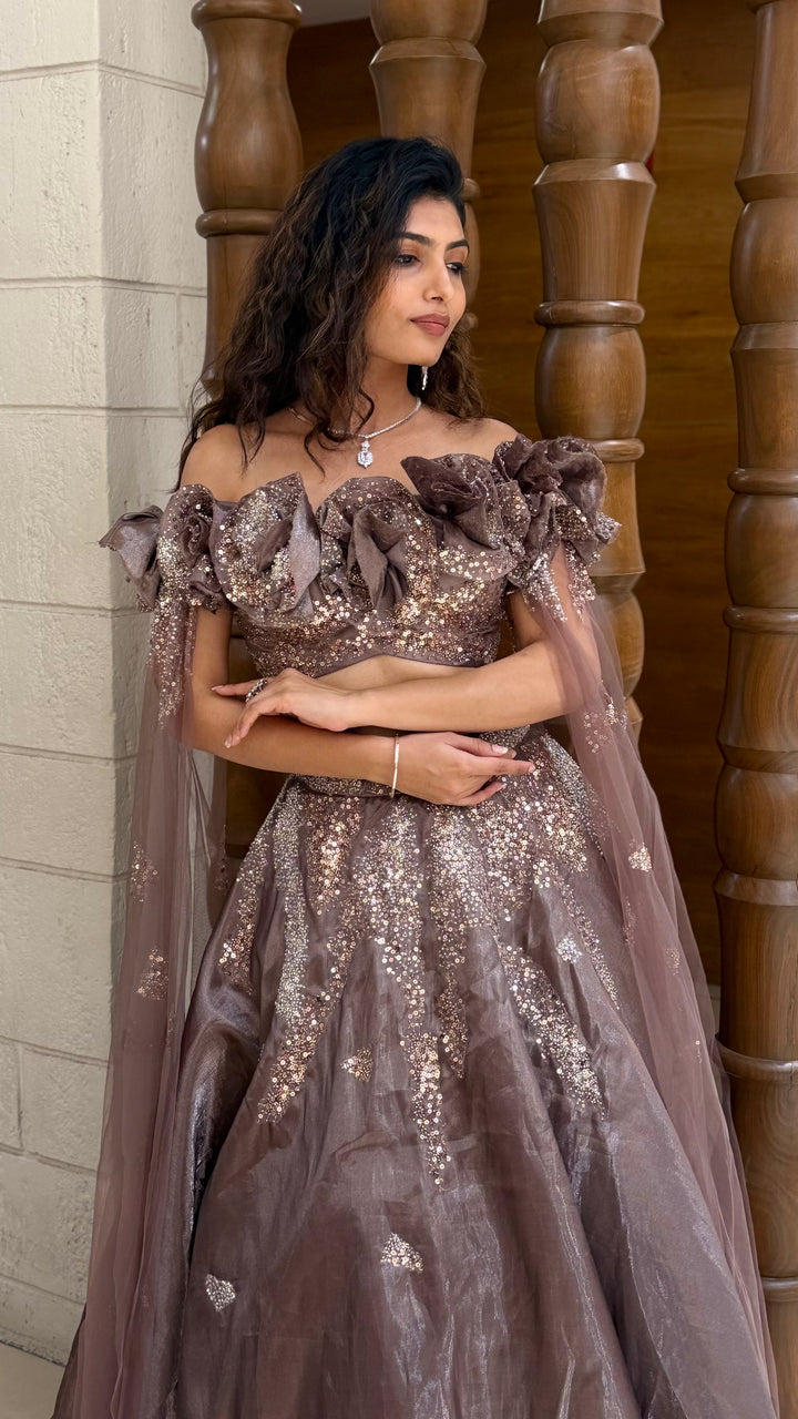 Mauve Shimmer Lehenga Set with Floral Ruffle Blouse & Cape Dupatta