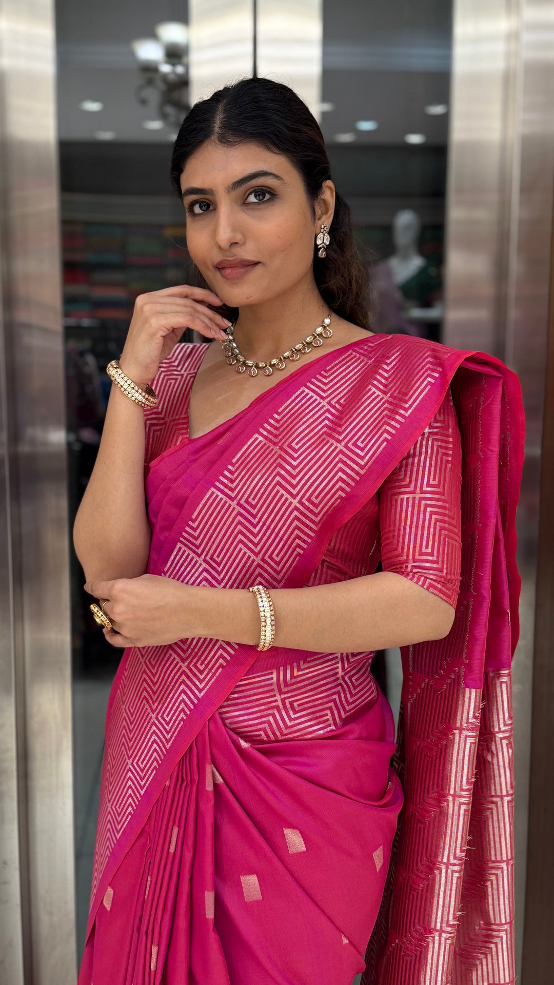 Luxury Soft Silk Saree with Geometric Zari Weaving & Matching Designer Blouse