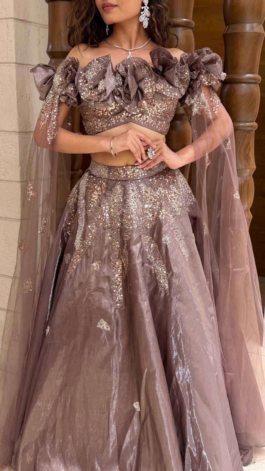 Mauve Shimmer Lehenga Set with Floral Ruffle Blouse & Cape Dupatta