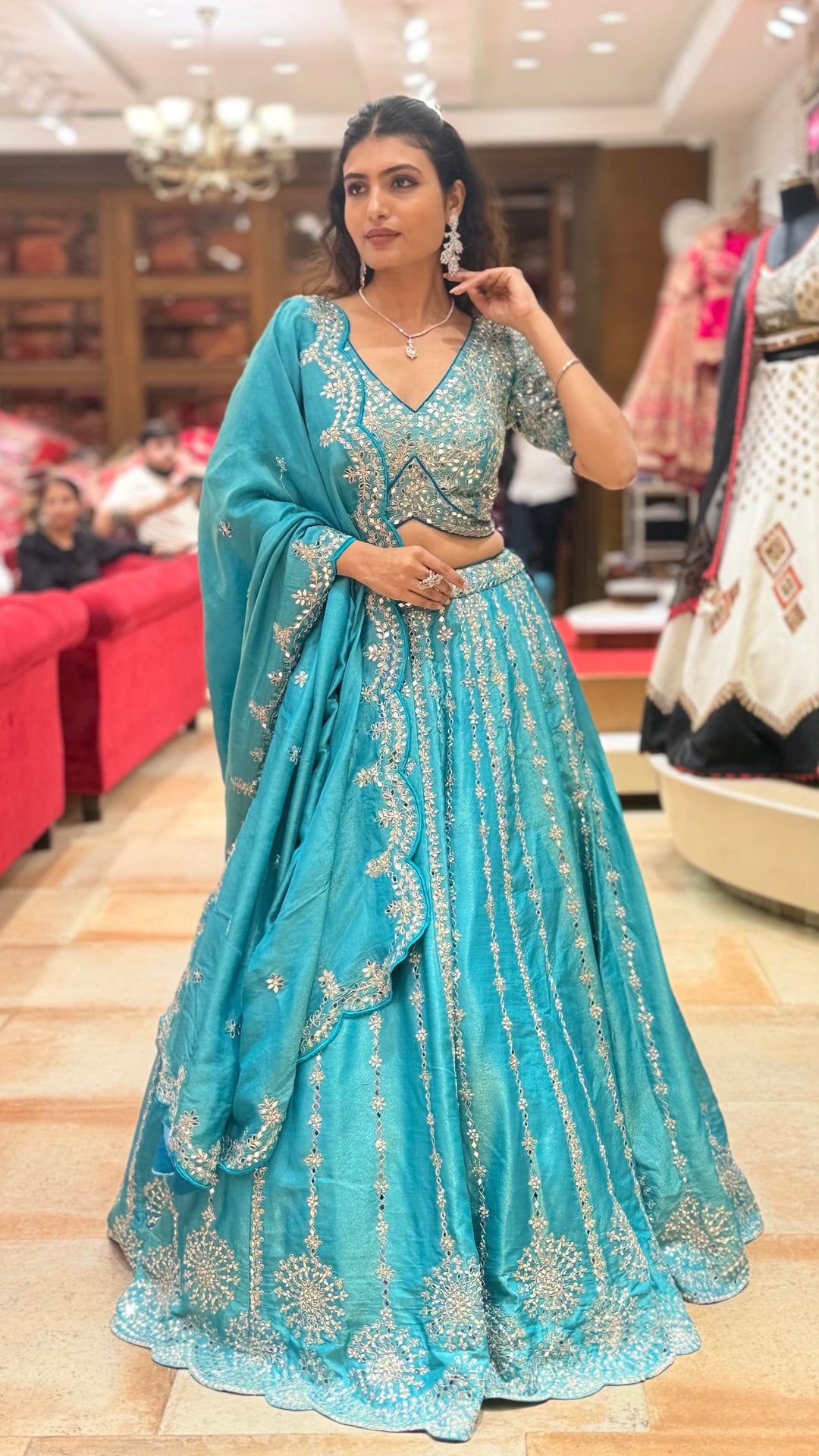 Teal Blue Heavy Embroidered Designer Lehenga Choli with Scalloped Dupatta