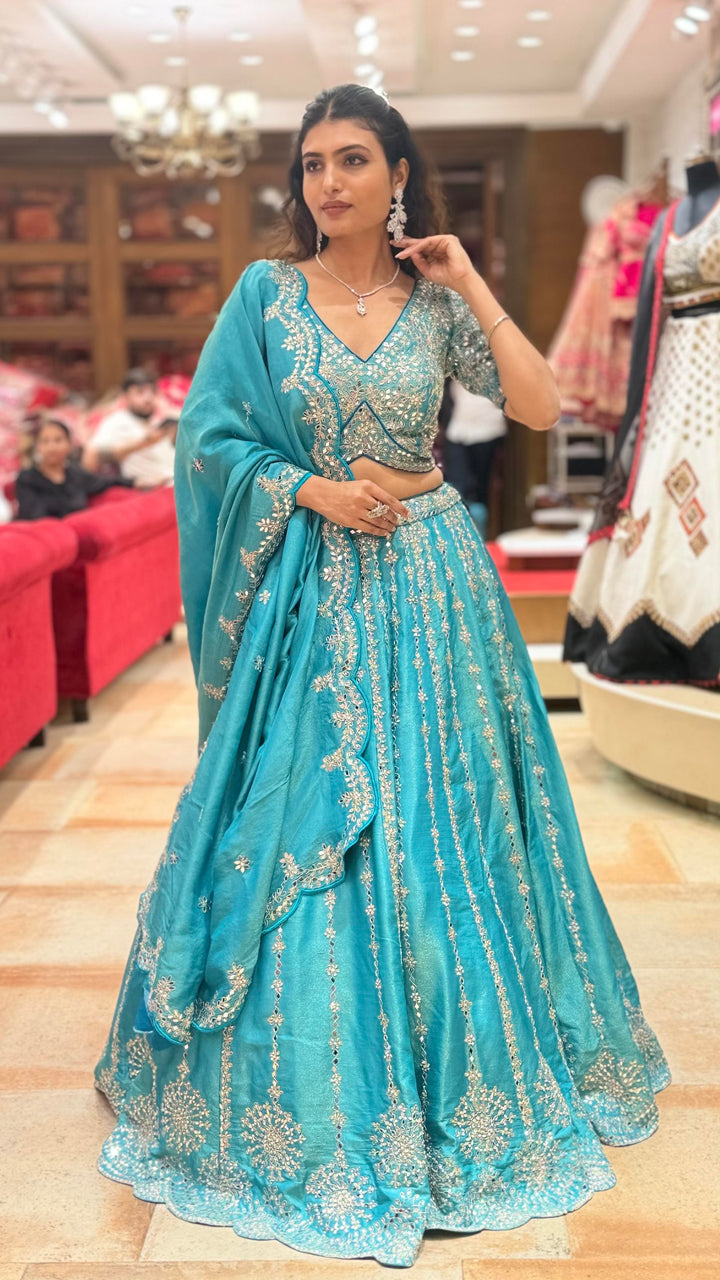 Teal Blue Heavy Embroidered Designer Lehenga Choli with Scalloped Dupatta