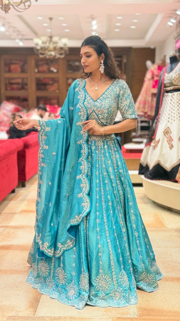 Teal Blue Heavy Embroidered Designer Lehenga Choli with Scalloped Dupatta