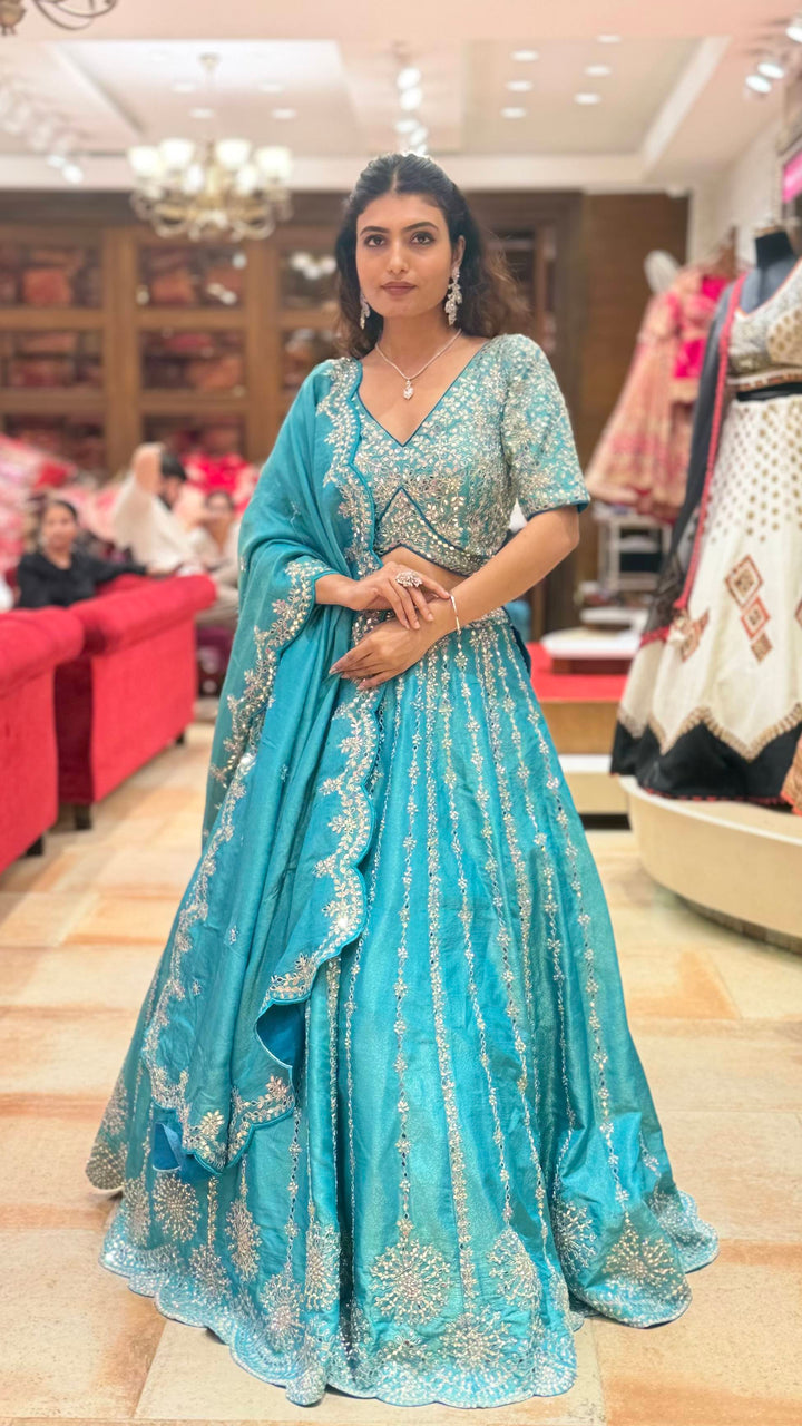 Teal Blue Heavy Embroidered Designer Lehenga Choli with Scalloped Dupatta