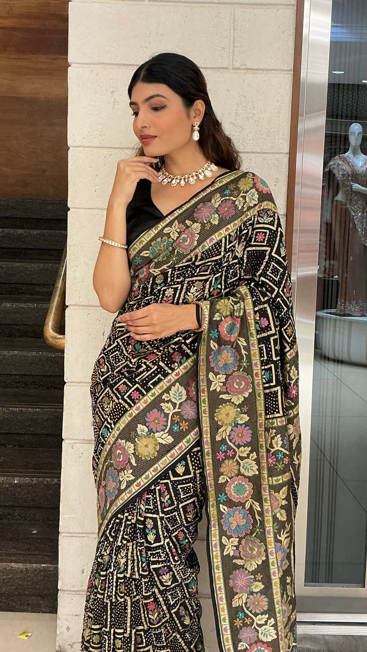 Royal Black Multicolour Floral Jacquard Woven Designer Saree with Traditional Border