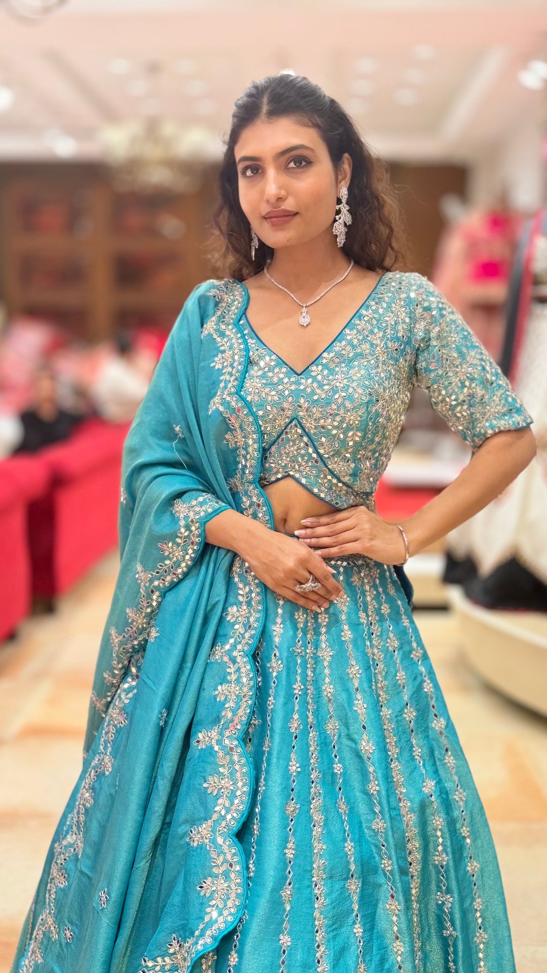 Teal Blue Heavy Embroidered Designer Lehenga Choli with Scalloped Dupatta