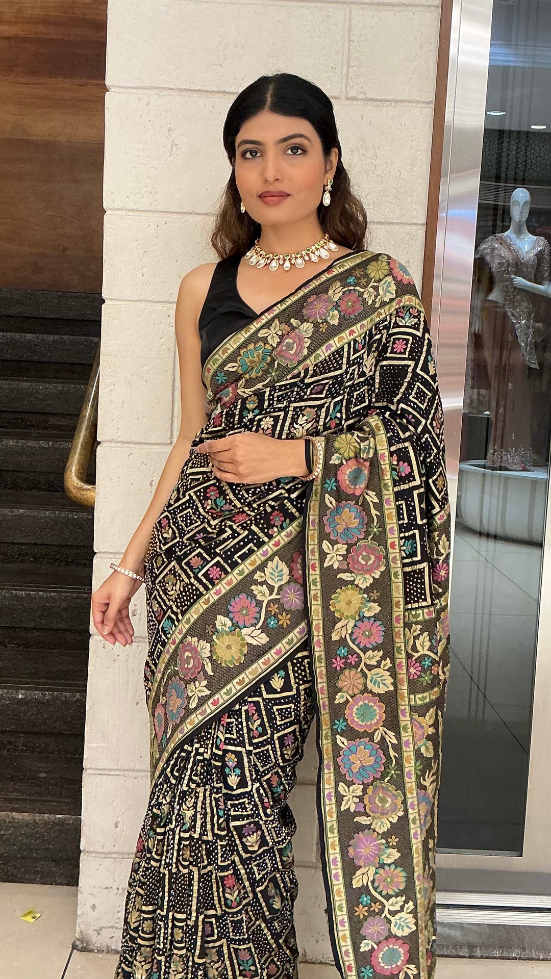 Royal Black Multicolour Floral Jacquard Woven Designer Saree with Traditional Border