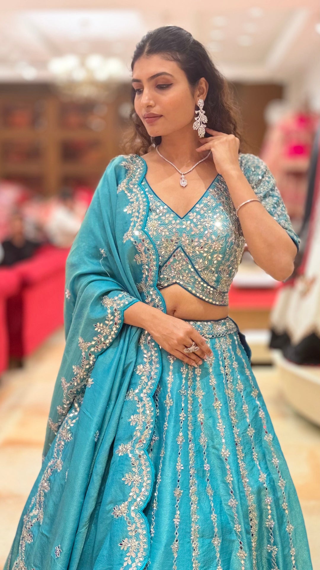 Teal Blue Heavy Embroidered Designer Lehenga Choli with Scalloped Dupatta