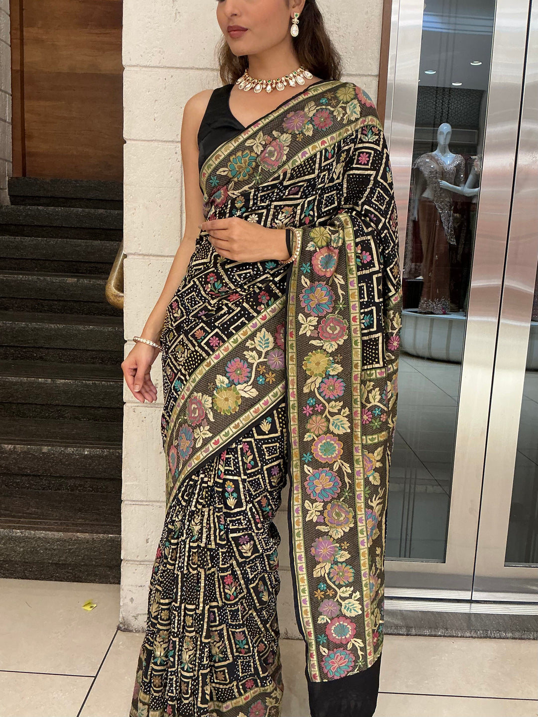 Royal Black Multicolour Floral Jacquard Woven Designer Saree with Traditional Border