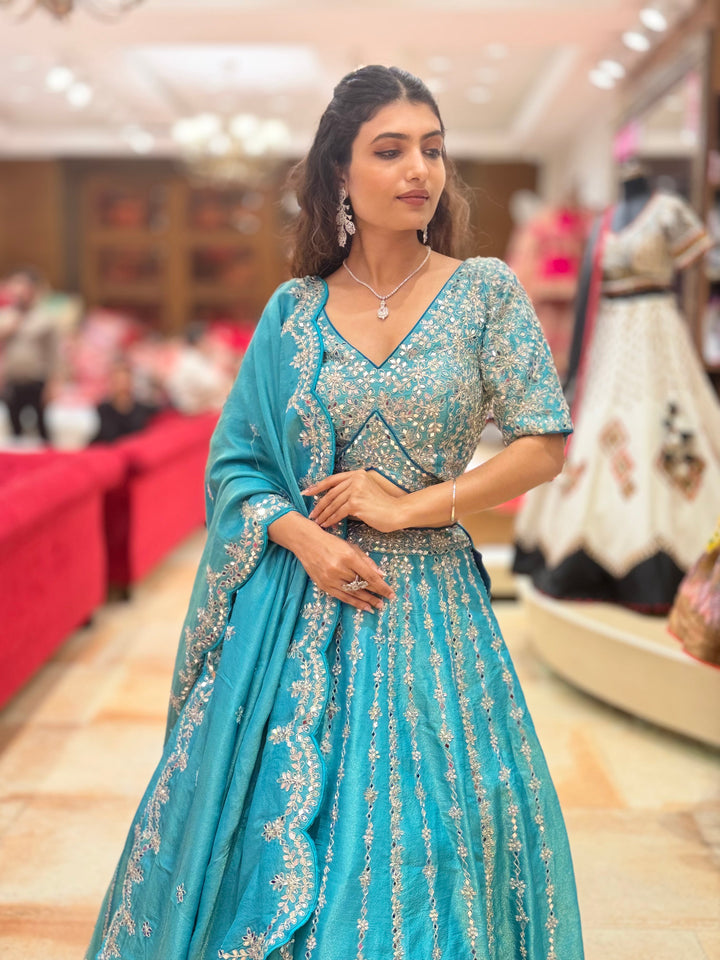 Teal Blue Heavy Embroidered Designer Lehenga Choli with Scalloped Dupatta