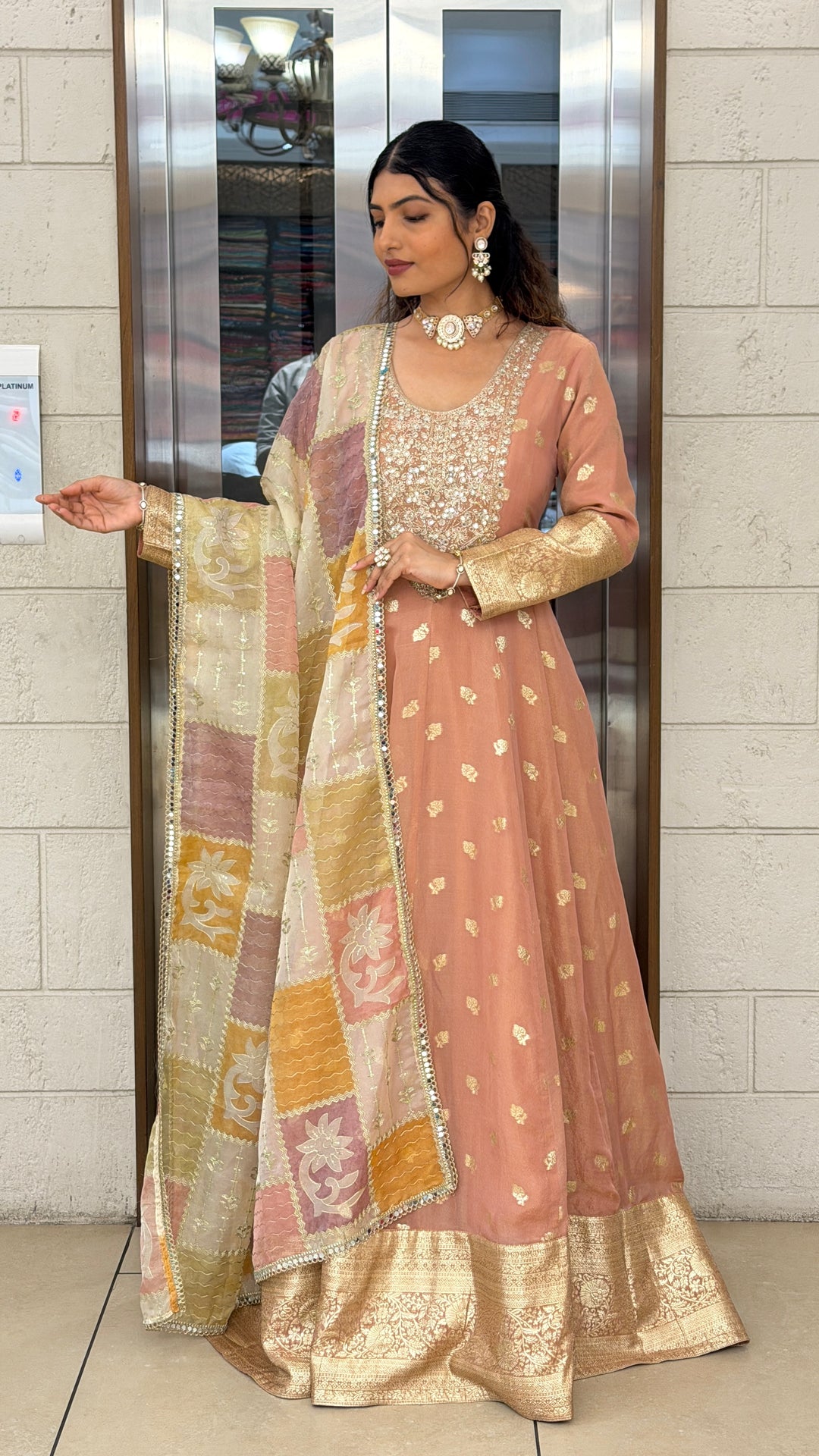 Peach Banarasi Anarkali Gown with Zari Woven Border & Designer Organza Dupatta