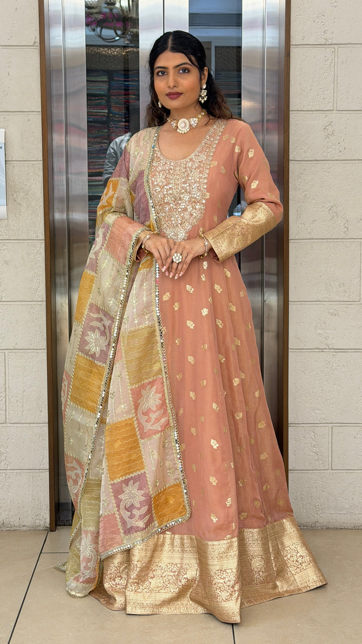 Peach Banarasi Anarkali Gown with Zari Woven Border & Designer Organza Dupatta