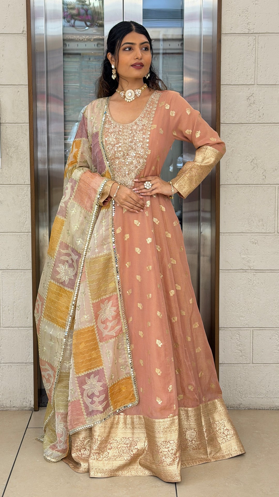 Peach Banarasi Anarkali Gown with Zari Woven Border & Designer Organza Dupatta